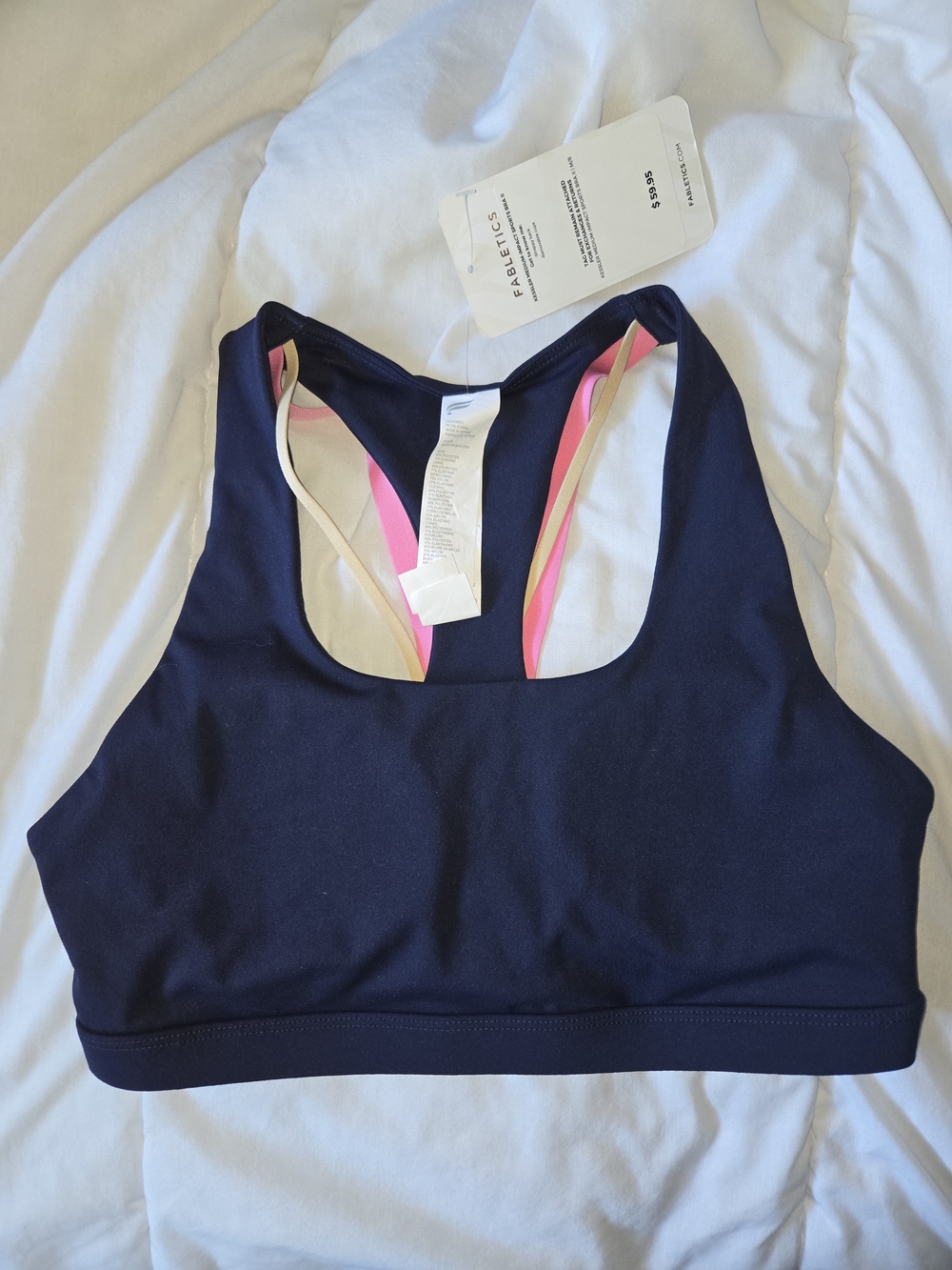 Fabletics Navy Racerback Sports Bra with Pink and Cream Straps